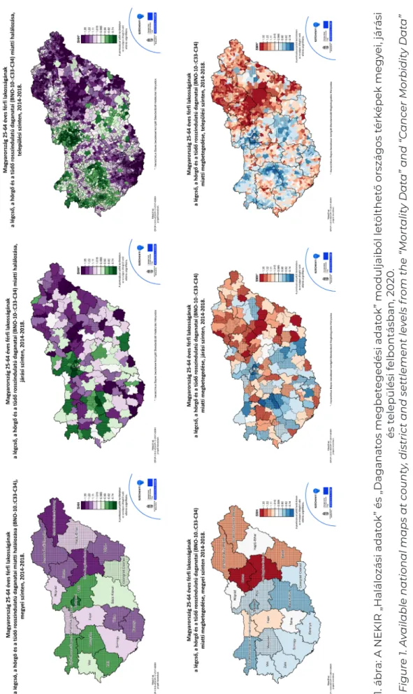 1. ábra: A NEKIR „Halálozási adatok” és „Daganatos megbetegedési adatok” moduljaiból letölthető országos térképek megyei, járási  és települési felbontásban, 2020