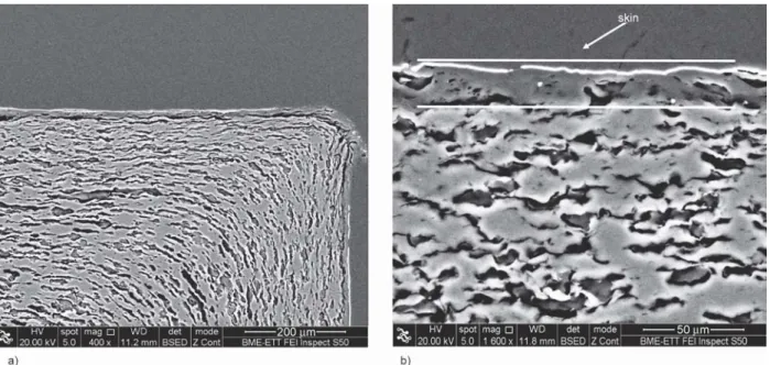 Figure 5. Structure of injection-molded PLA/TPS47 specimens. The orientation of TPS droplets and the development of a skin layer