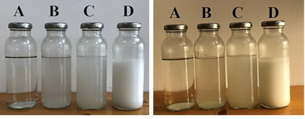 Fig. 2. Stability of MgO based deionized water nanofluids at different periods, A) deionized  water; B) 0.001% Vol.; C) 0.004% Vol.; D) 0.04% Vol