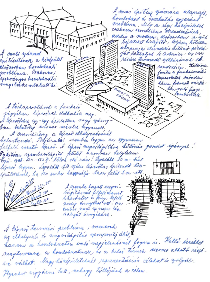 1. ábra: Részlet Merényi Ferenc középület-tervezés jegyzetéből, 1948/49-es tanév. 