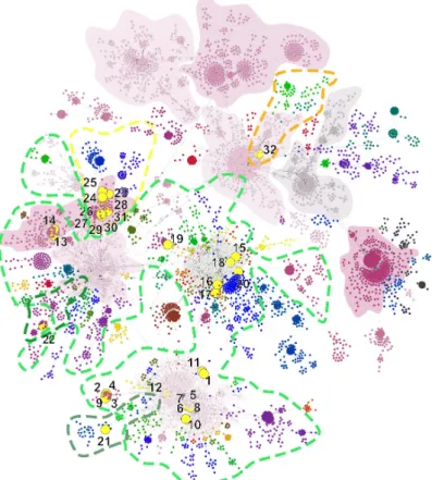 Figure 1. Genetic network analysis of 7864 SARS-CoV-2 complete genomic sequences. Hungarian strains are indicated with numbered yellow dots—numbers referring to Table 1