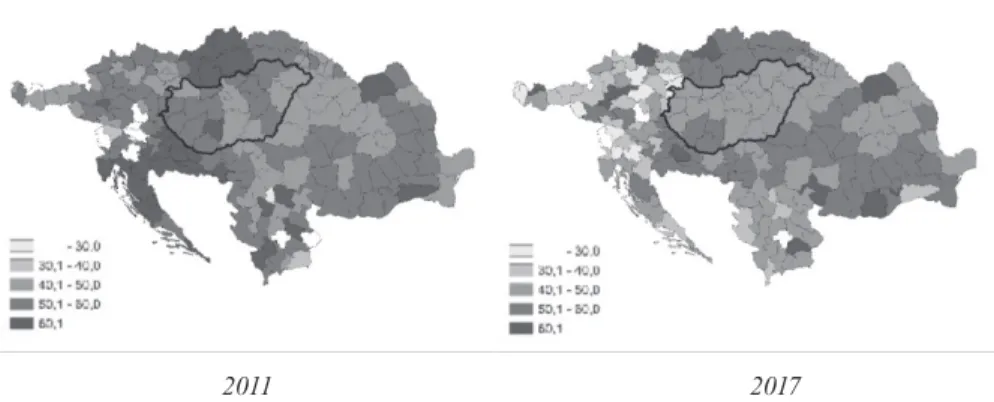 Figure 7 Population of foreign origin from neighboring countries living in Hungary by  birth region and average age