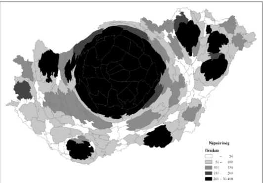 7. ábra. A népesség járási szintű topologikus térképe, 2019 (forrás: saját szerk.)  A Kárpát-medence térszerkezetének gravitációs modellezése 