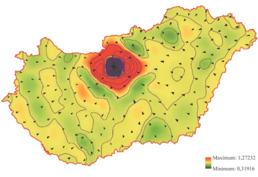 9. ábra. A gravitációs tér torzulása a földrajzi térhez képest járási szinten, 1970  (Distortion of gravitational space compared with geographical space at the district level, 1970) 