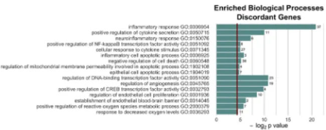 Fig. 3 Most significantly enriched Gene Ontology (GO) terms for discordant genes. Note that NMN treatment is associated with transcriptional changes indicating multifaceted anti-inflammatory, anti-apoptotic, mitochondrial protective, and anti-oxidative eff
