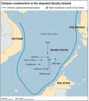 2. ábra A Kínai Népköztársaság által felügyelt hét homokzátony a Spratly-szigetcsoportban 22 Kína 2012-ben kezdett építkezésbe a teljes ellenőrzése alatt álló  Paracel-szigetcso-porton