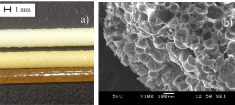 Figure 5. (a) The color of the produced foam structures at 190, 210, and 230 °C; (b) foam structure  surface at 190 °C with 4.3%  D -lactide content and with 8 wt% EMS