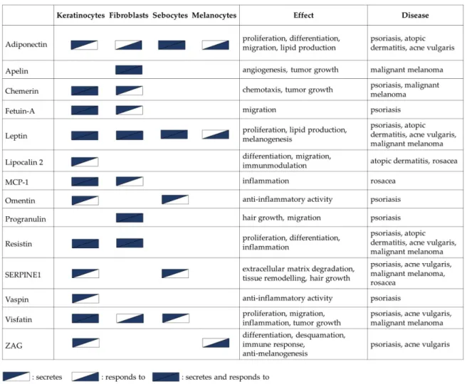 Figure 1. Overview of adipokines expressed and secreted by different human skin cell types and their  effects on these cells
