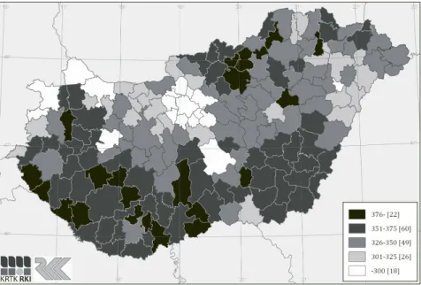 8. ábra: Keringési rendszeri megbetegedések 1000 főre Magyarországon a járásokban, 2015 Morbidity rate of circulatory system per 1.000 in Hungary at micro-regional level, 2015