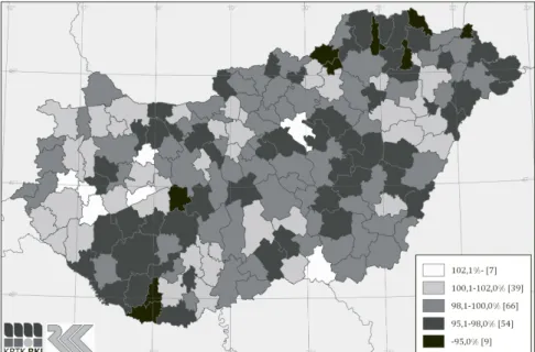 6. ábra: A születéskor várható átlagos élettartam az országos átlaghoz viszonyítva  Magyarországon a járásokban, nők, 2013