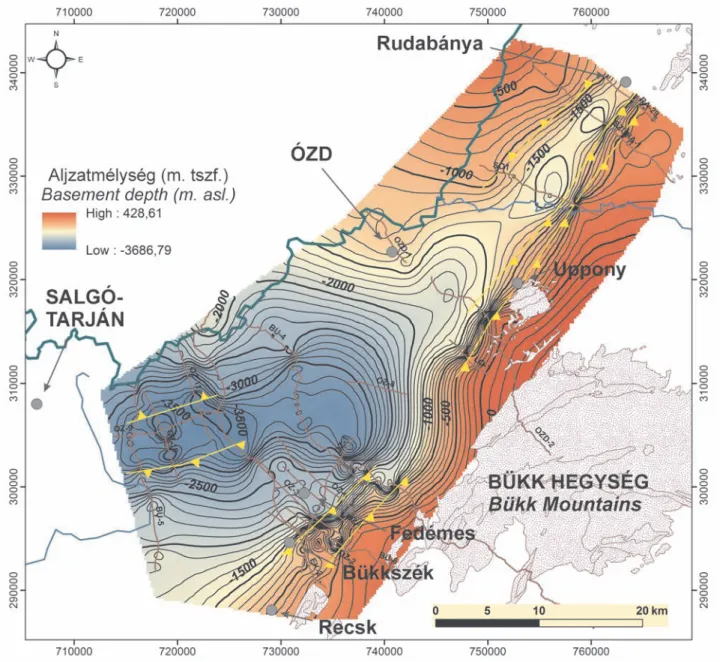 9. ábra. A medence prekainozoos aljzatának mélységtérképe a szeizmikus értelmezés alapján