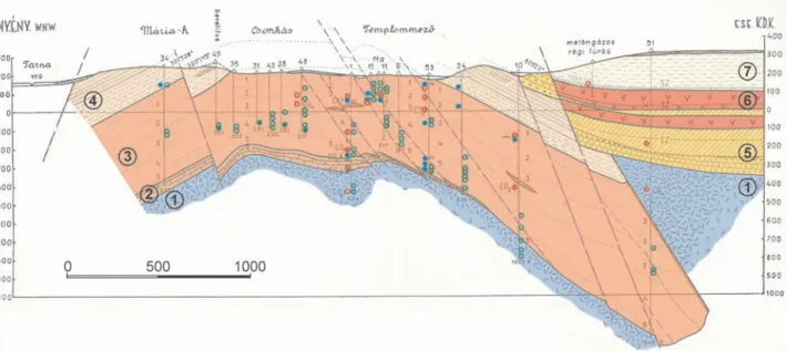 3. ábra. A bükkszéki boltozat földtani szelvénye kőolajkutató fúrások alapján (S CHRÉTER 1951)