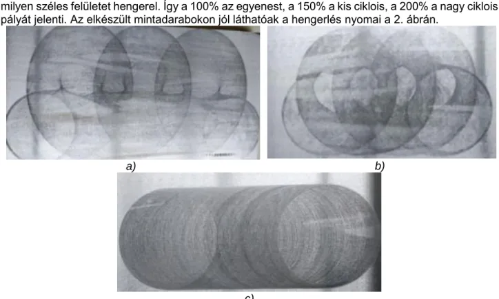 2. ábra A hengerlés nyomai a mintákon a) nagy ciklois b) kis ciklois c) egyenes 