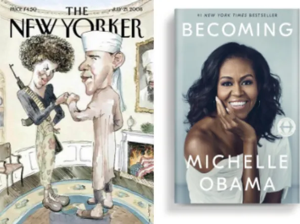 Fig. 6: Becoming and the New Yorker cover from July 28, 2008. NPR The caricature by Barry Blitt on the cover of the New Yorker grasped the  heart of the problem the American gaze presented, as it depicted Michelle 