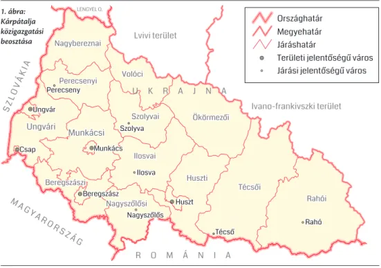 A megye tizenhárom kisebb közigazgatási egységre, járásra oszlik (1. ábra), területén  tizenegy város (öt megyei alárendeltségű: Csap, Ungvár, Munkács, Huszt és Beregszász), 