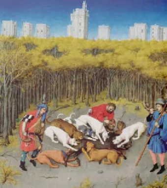 3. kép: Gyalogos vaddisznóvadászat kutyák- kutyák-kal a 15. századi Les Trés Riches Heures du  Duc de Berry ábrázolásán (Atlas de Paris au  Moyen-Âge, Paris, 2006, 55