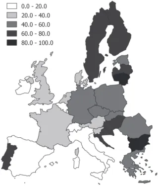 1. ábra: A csökkenő népességű kisvárosok aránya az Európai Unióban 2001–2011 között  (%) Population share of shrinking small and medium sized towns in the EU (according to data of 2001–2011)