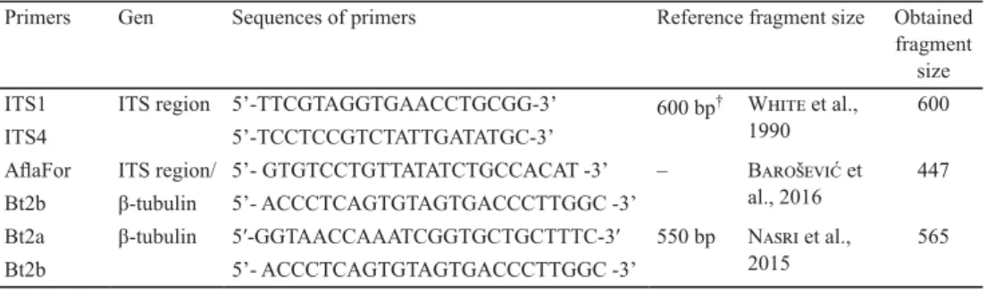 Table 1. Reference and obtained fragment sizes of PCR products ampliﬁ ed by the diﬀ erent primer pairs