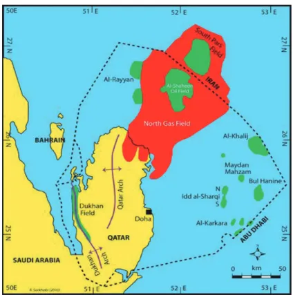 1. ábra. Katar földrajzi helyzete, fő olaj- és gázmezői  Figure 1. Coastal geography and the main oil and gasfields of Qatar.