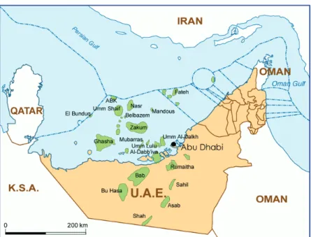 2. ábra. Az Egyesült Arab Emírségek jelentősebb szénhidrogén lelőhelyei. 