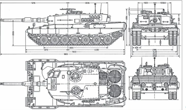 5. ábra. A Leopard 2 harckocsik jellemző méretei (mm-ben)