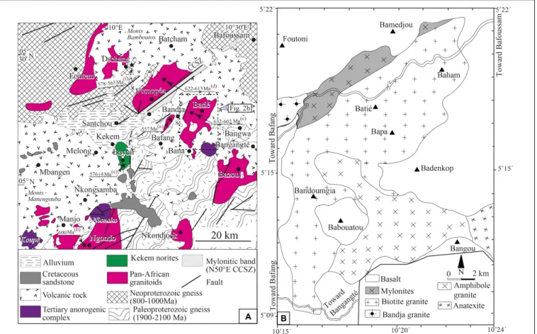 FIGURE 2 | (A) Geological map of the study area [from West Cameroon geological map after Dumort (1968) modified by Kwékam et al