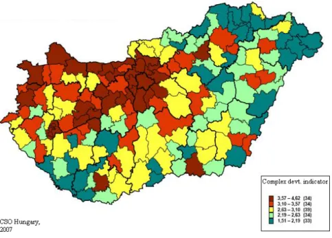 Figure 4: Development level of 174 Hungarian micro-regions in 2007 along the complex development  indicator applied by CSO.