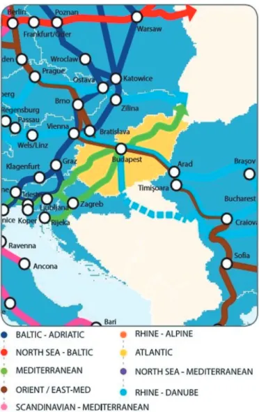 3. ábra Ten T folyosók Magyarországon Figure 3 Ten T Corridors in Hungary