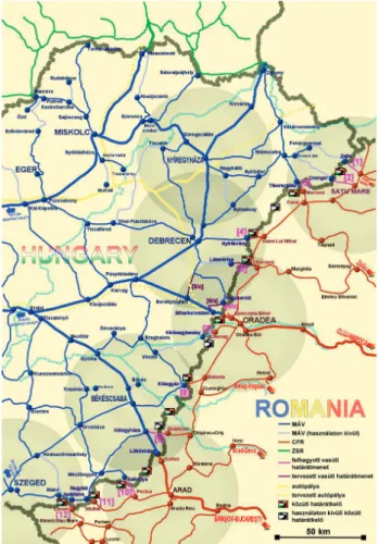 1. ábra A múlt és a jelen határon áthaladó vasútvonalai Magyarország és Románia között Figure 1 Border-crossing railway lines between Hungary and Romanian the past and present