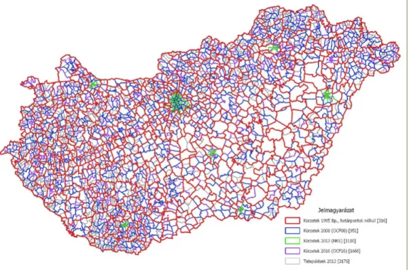 5. ábra: Települések 2013, GYF 1995, OCF 2008, NKS 2013 körzetek. Forrás: saját szerkesztés