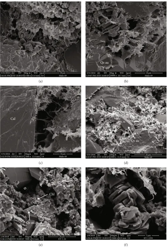 Figure 7: SEM-SE images showing the features of diagenetic clay minerals. (a) Kaolinite occurs together with mixed-layer illite/smectite, well M7, 3421 m, Szolnok Fm