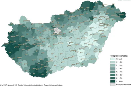 1. ábra: A járások településsűrűsége (Forrás: https://www.jaras.info.hu/a-jarasok-telepulesei, VÁTI) 