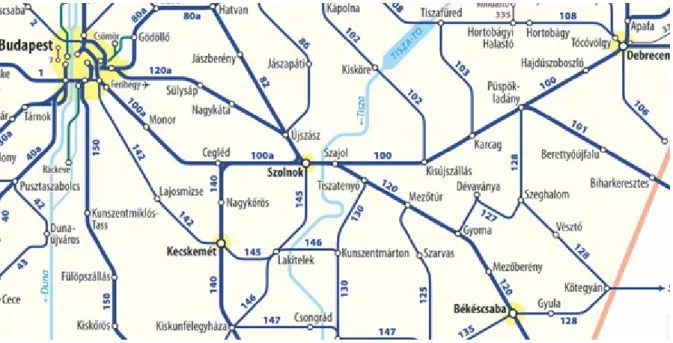 3. ábra: Magyarország 2019. december 15-től érvényes vasúti személyszállítási térképének részlete  (forrás: https://www.mavcsoport.hu/mav-start/media/terkepek 