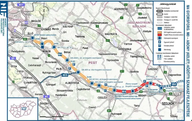4. ábra: M4 gyorsforgalmi út fejlesztése (forrás: https://magyarepitok.hu/utepites/2020/07/kozelebb- https://magyarepitok.hu/utepites/2020/07/kozelebb-kerul-szolnok-a-fovaroshoz-atadashoz-kozel-jar-az-m4-es-18-kilometeres-szakasza?
