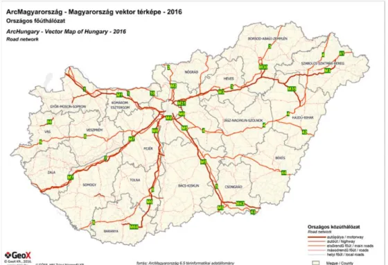 6. ábra Magyarország közúti térképe, országos főúthálózat 