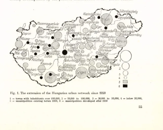 Fig.  1.  The  ex ten sio n   of th e   H u n g arian   u rb an   n etw o rk   since  1950