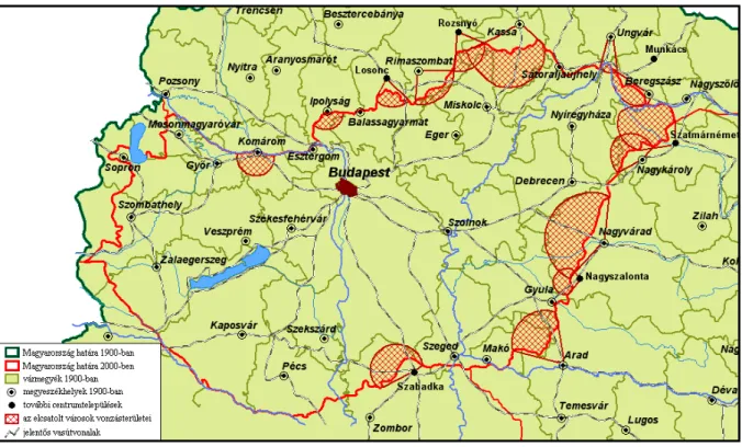 2. ábra A trianoni békeszerződés (1920) következtében vonzásközpontjukat vesztett  területek Magyarországon 