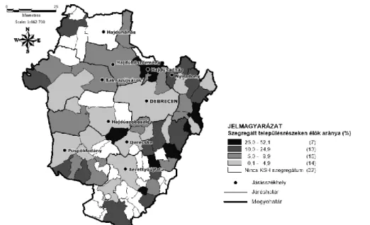 1. ábra: A szegregált településrészeken élők aránya a teljes népességből Hajdú-Bihar megye településein  (2011) 