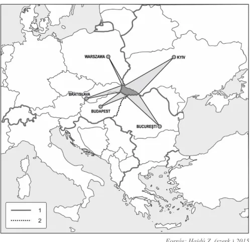 1. ábra: Az államhatár-perifériák összekötő területe Kárpátalja  Jelmagyarázat: 1. az Európai Unió határa, 2
