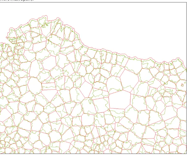 Figure 4.1. Overlay of Voronoi polygons (red straight lines) with true LAU-2 boundaries (green lines)  (Northwest Spain)
