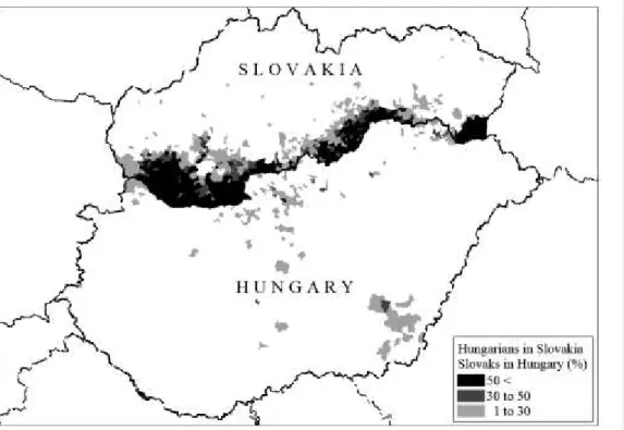 Figure 2: The share of ethnic Hungarians in Slovakia and ethnic Slovaks in Hungary by settlements,  2011 