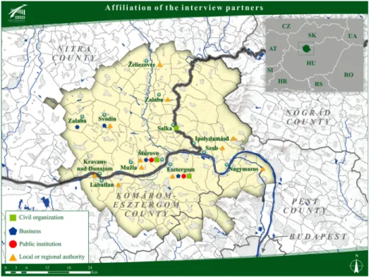 Figure 1. The location and organizational affiliation of the interviewees in the Slovak – Hungarian bor- bor-derland around Š túrovo – Esztergom
