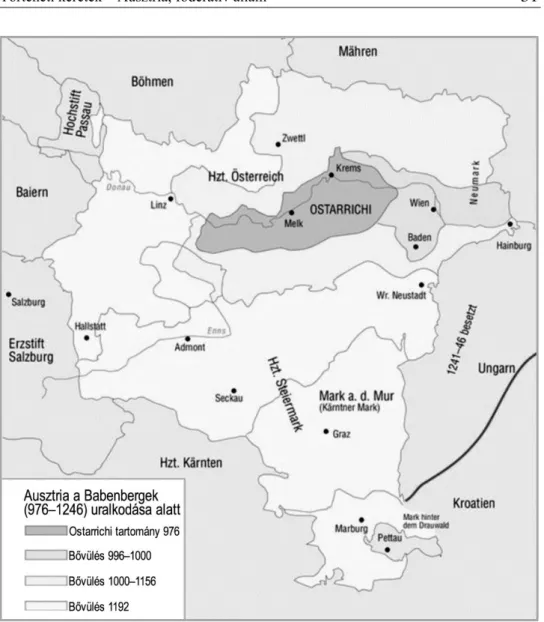 1. ábra: Ausztria területi gyarapodása a Babenberg-dinasztia (976–1246)  uralkodása alatt 