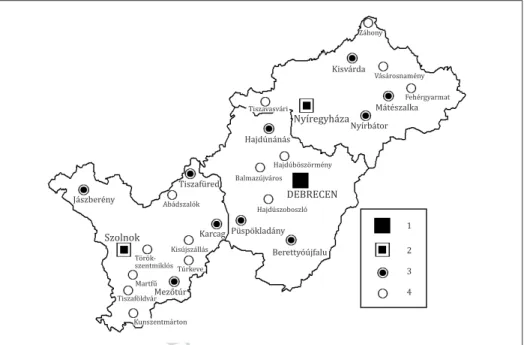 5. ábra.   A középfokú és magasabb központi szerepkörű települések az Észak-alföldi régióban,  1975