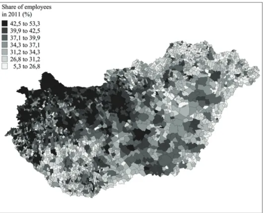 Figure 1: Share of employees 1  from the residential population in the settlements of Hungary  (2011; in %)