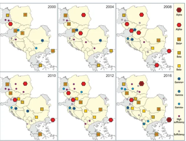 Figure 1 GaWC cities in Central and Southeast Europe, 2000–2016 