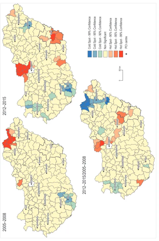 Fig. 5. Female standardized death rate of acute myocardial infarction per 100,000 and its spatial clusters at micro-regional level in Hungary.