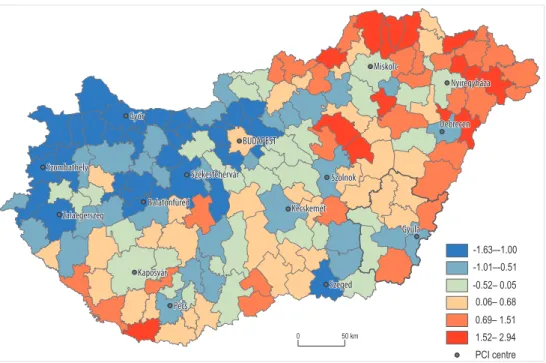 Fig. 2. The spatial pattern of deprivation index at micro-regional level in Hungary (2012–2015).