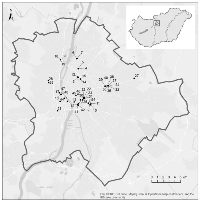 Fig. 1    Position of honey locust trees sampled for their soil seed bank in Budapest, Hungary