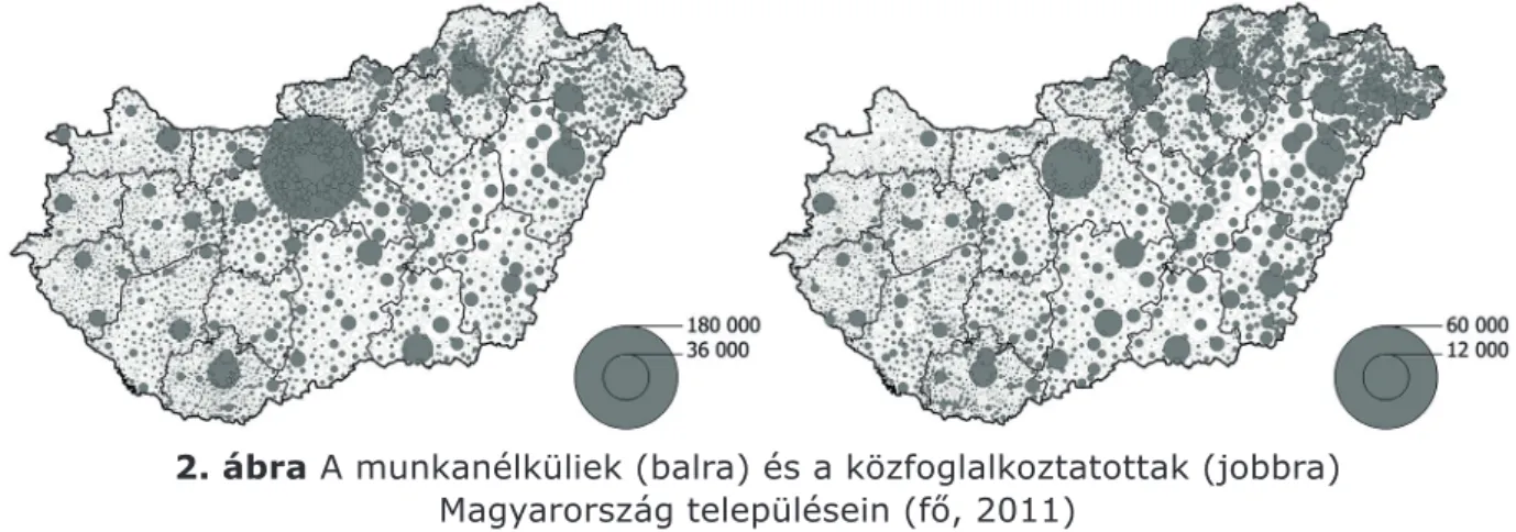 2. ábra A munkanélküliek (balra) és a közfoglalkoztatottak (jobbra) Magyarország településein (fő, 2011)